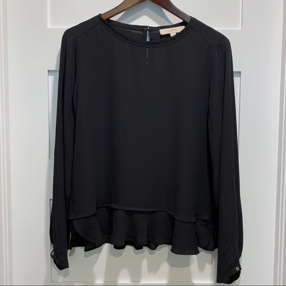 NWT - LOFT Black Pull-on Ruffle Hem Blouse